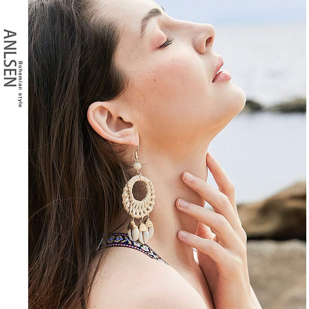Earrings For Women Woven Handmade Straw Oval Or Circle Shell Drop Dangle Earrings Bohemian Lightweight Earrings Geometric Statement Earrings