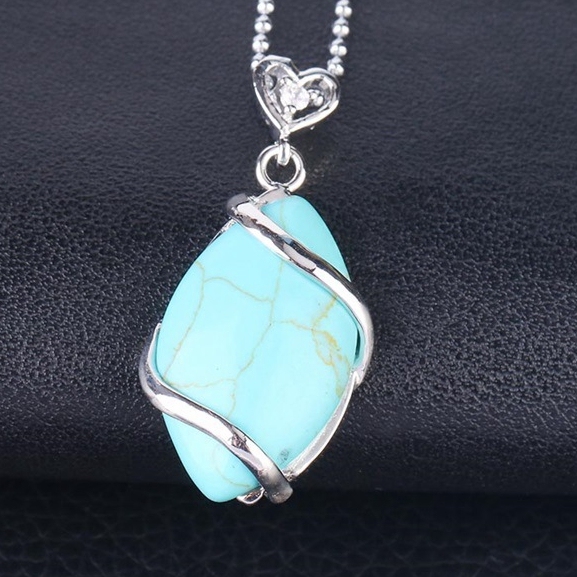 Silver Wrapped Oval  Gemstone Pendant Necklace for women