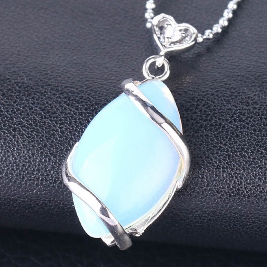 Silver Wrapped Oval  Gemstone Pendant Necklace for women