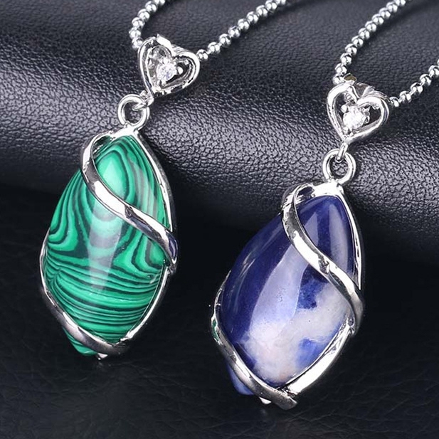 Silver Wrapped Oval  Gemstone Pendant Necklace for women