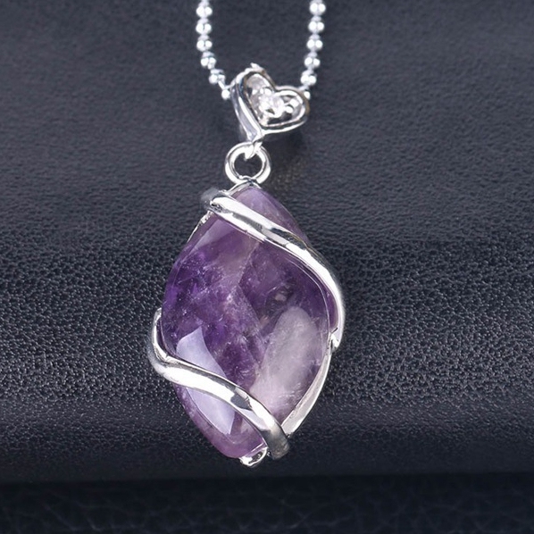 Silver Wrapped Oval  Gemstone Pendant Necklace for women