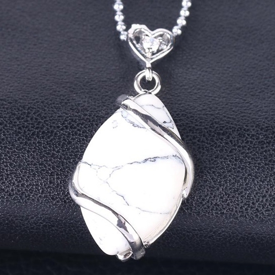 Silver Wrapped Oval  Gemstone Pendant Necklace for women