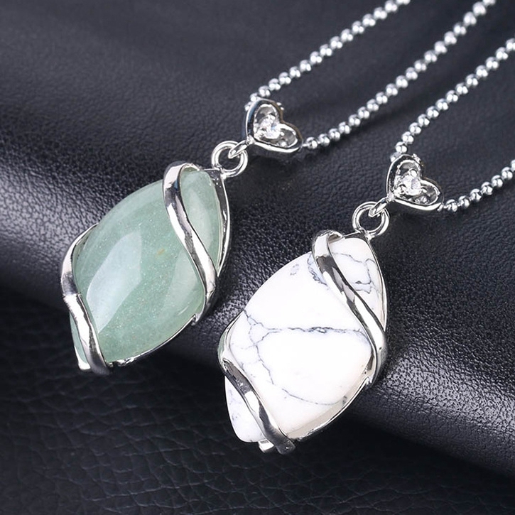 Silver Wrapped Oval  Gemstone Pendant Necklace for women