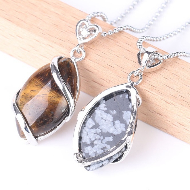 Silver Wrapped Oval  Gemstone Pendant Necklace for women