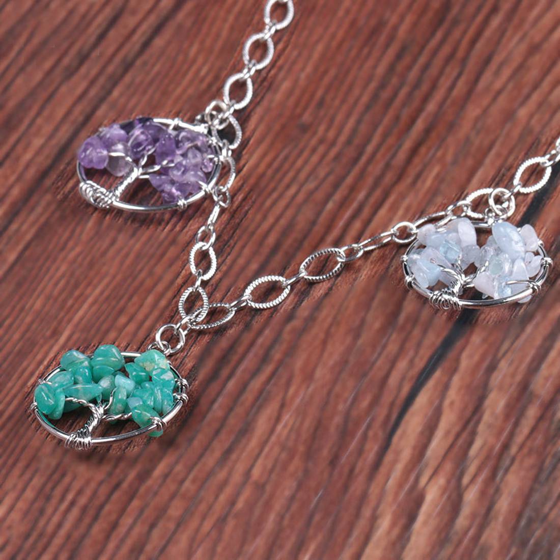 Natural Gemstone Life of Tree Pendant 7 Pcs  Women Long Charms Necklace Jewelry