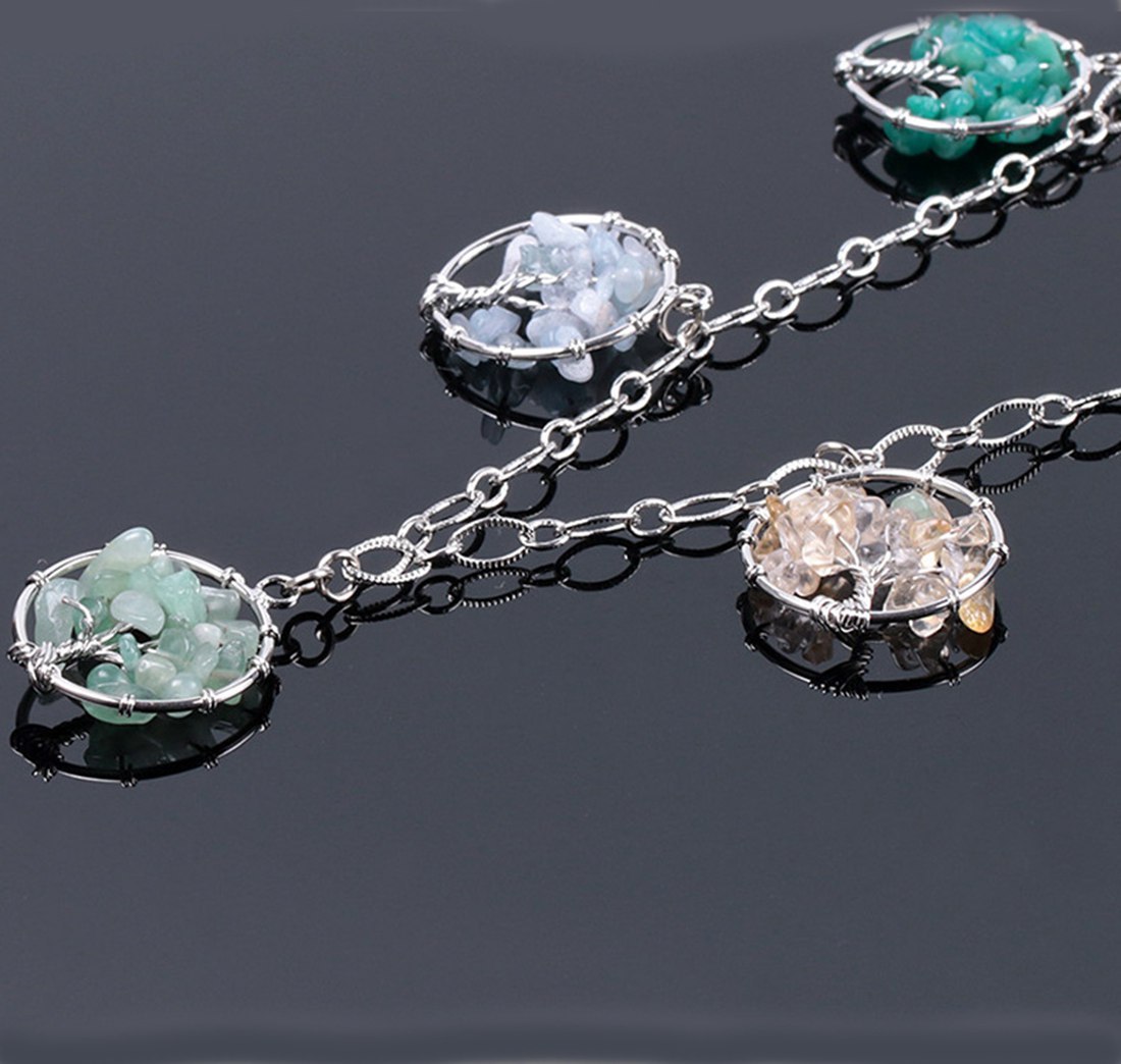 Natural Gemstone Life of Tree Pendant 7 Pcs  Women Long Charms Necklace Jewelry