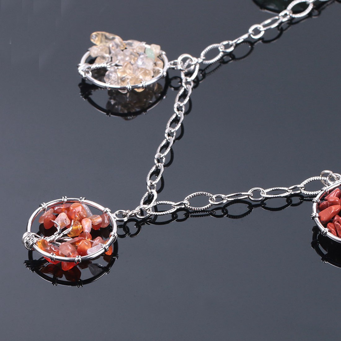 Natural Gemstone Life of Tree Pendant 7 Pcs  Women Long Charms Necklace Jewelry
