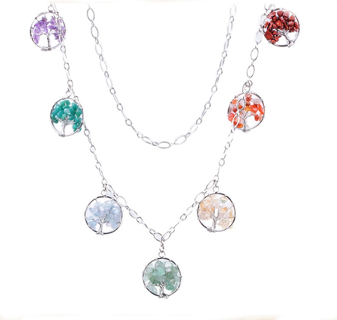 Natural Gemstone Life of Tree Pendant 7 Pcs  Women Long Charms Necklace Jewelry