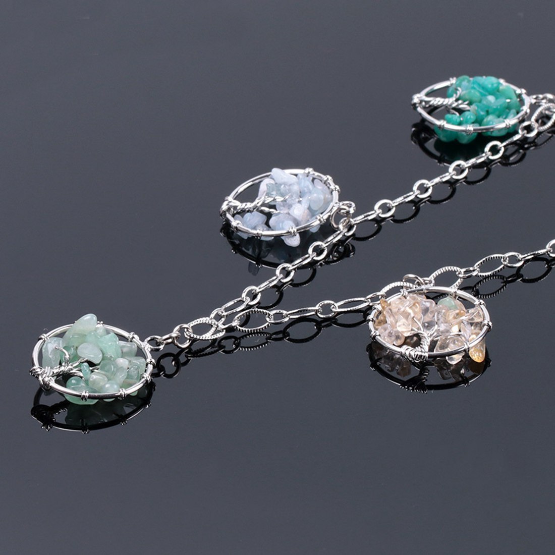 Natural Gemstone Life of Tree Pendant 7 Pcs  Women Long Charms Necklace Jewelry