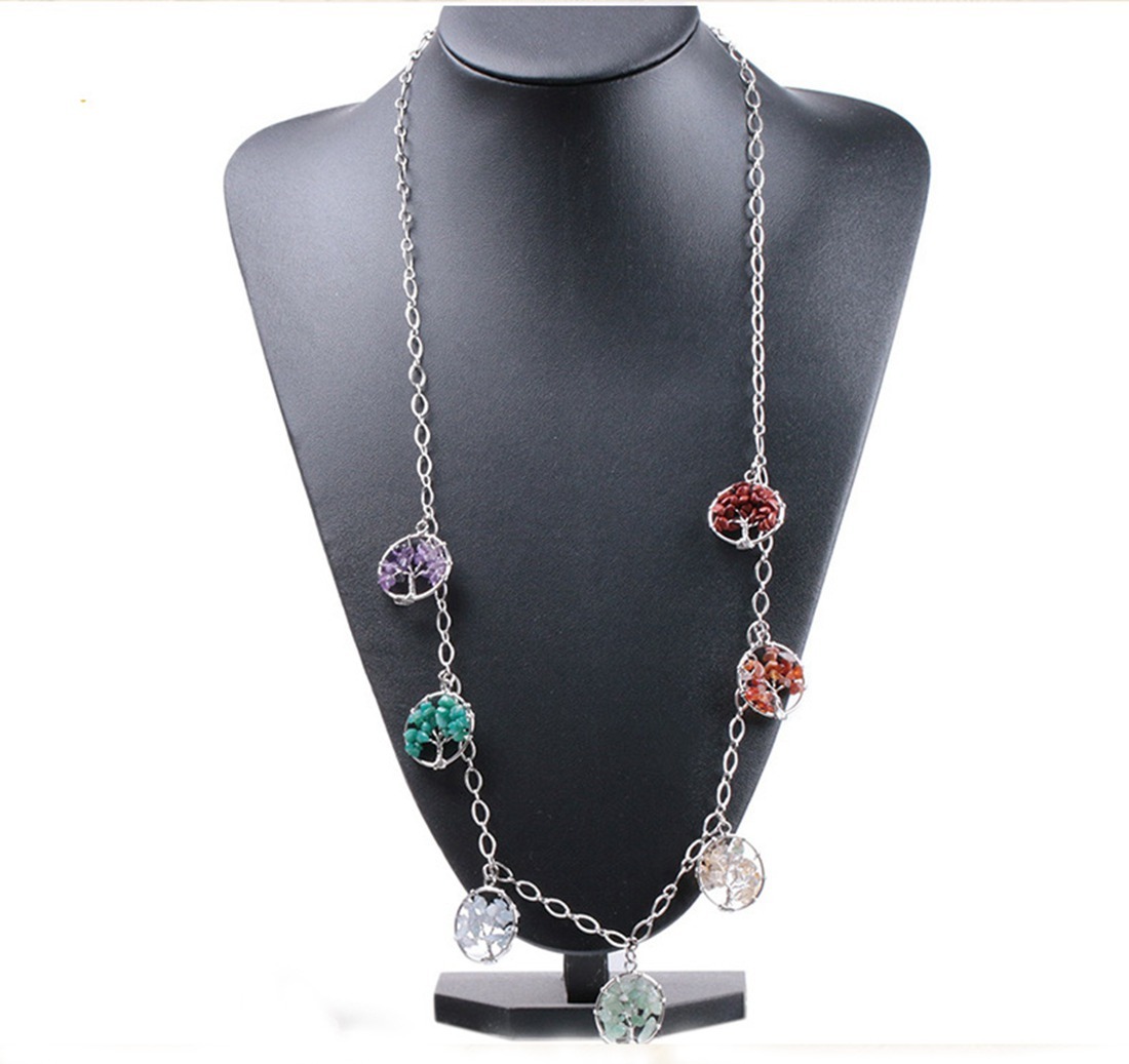 Natural Gemstone Life of Tree Pendant 7 Pcs  Women Long Charms Necklace Jewelry