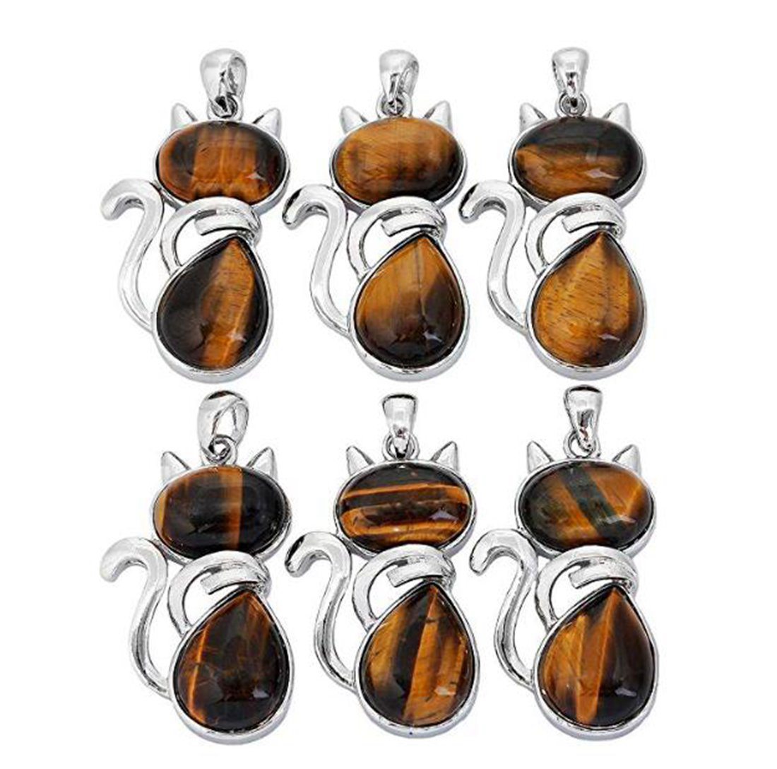 Silver Cate Stone Pendant Healing Crystal Necklace Animal Energy Chakra Amulet Handmade Jewelry for Women