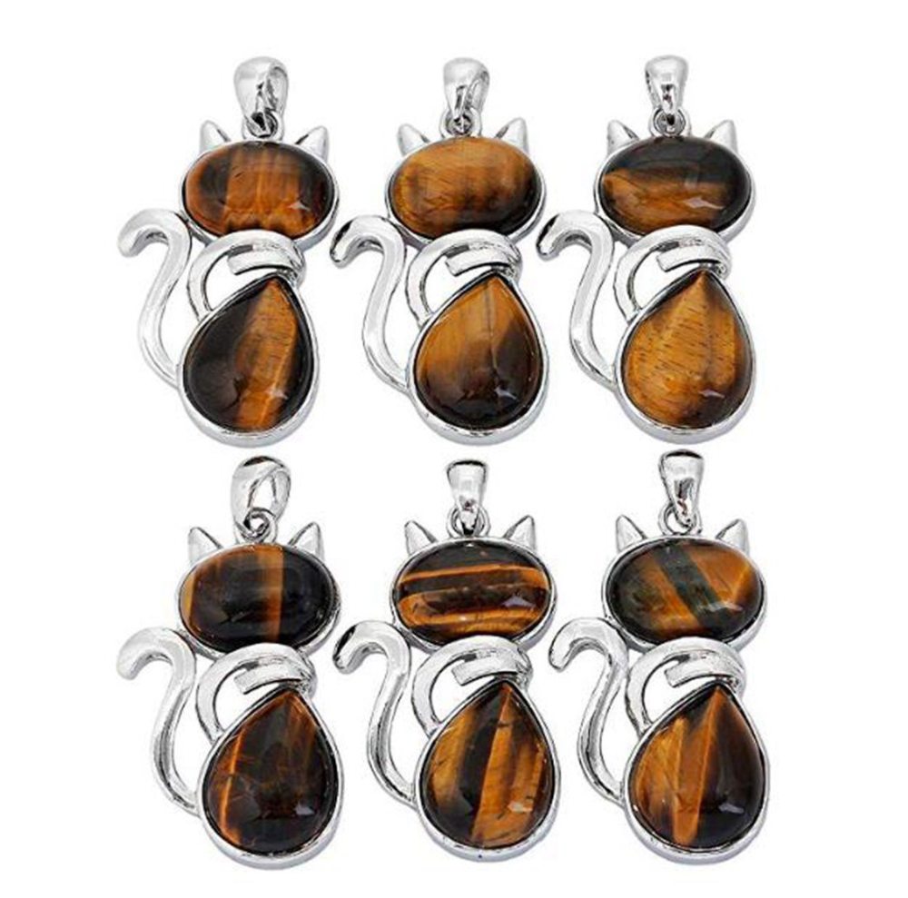 Silver Cate Stone Pendant Healing Crystal Necklace Animal Energy Chakra Amulet Handmade Jewelry for Women