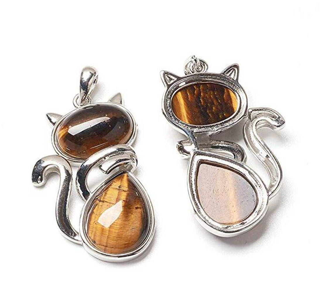 Silver Cate Stone Pendant Healing Crystal Necklace Animal Energy Chakra Amulet Handmade Jewelry for Women