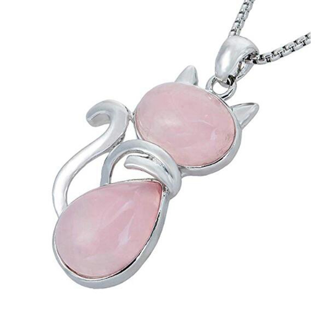 Silver Cate Stone Pendant Healing Crystal Necklace Animal Energy Chakra Amulet Handmade Jewelry for Women