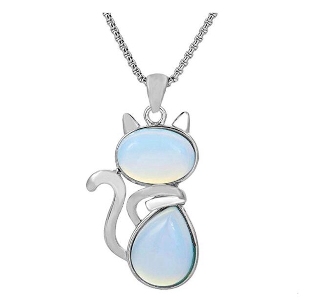 Silver Cate Stone Pendant Healing Crystal Necklace Animal Energy Chakra Amulet Handmade Jewelry for Women