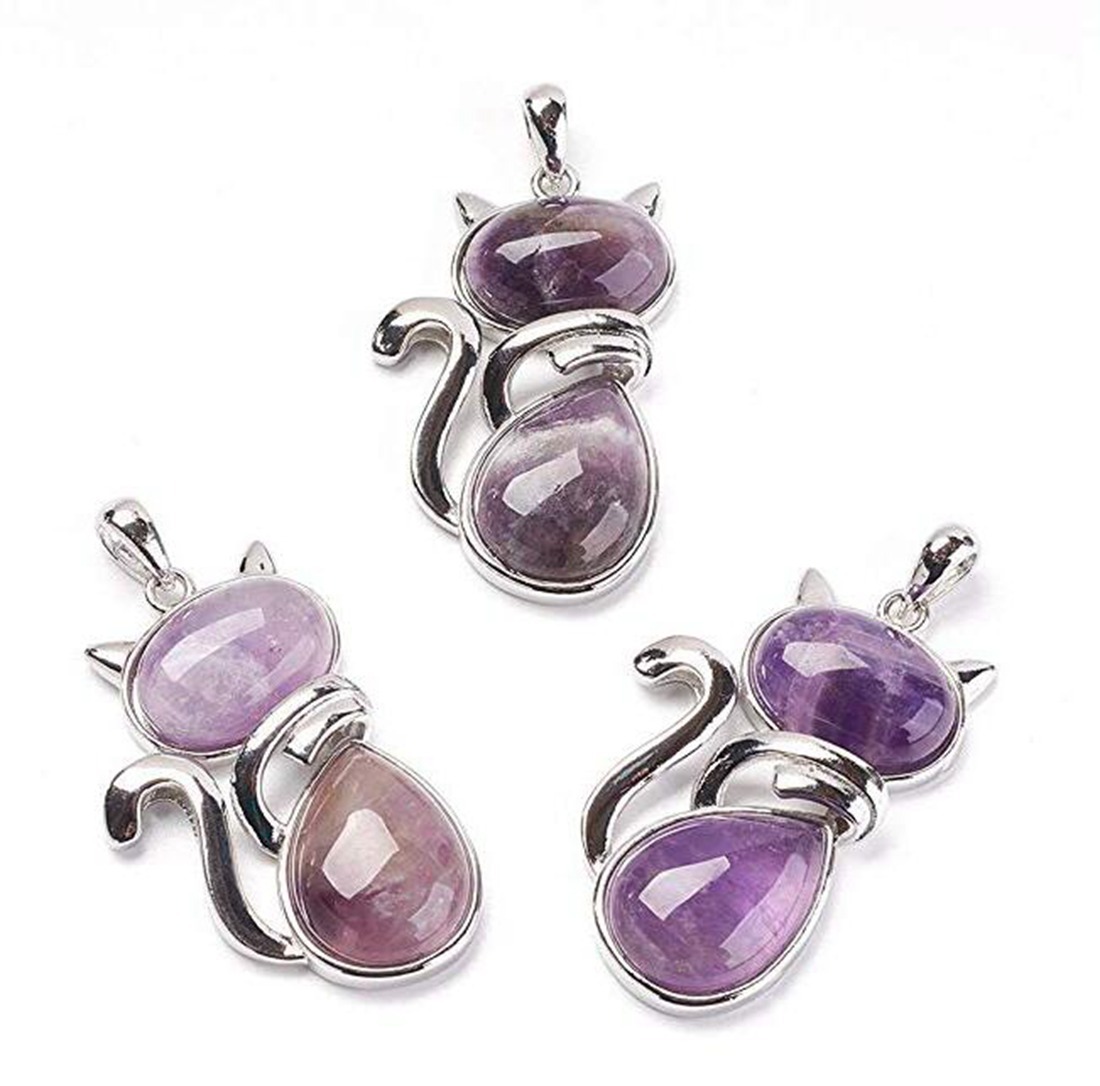 Silver Cate Stone Pendant Healing Crystal Necklace Animal Energy Chakra Amulet Handmade Jewelry for Women