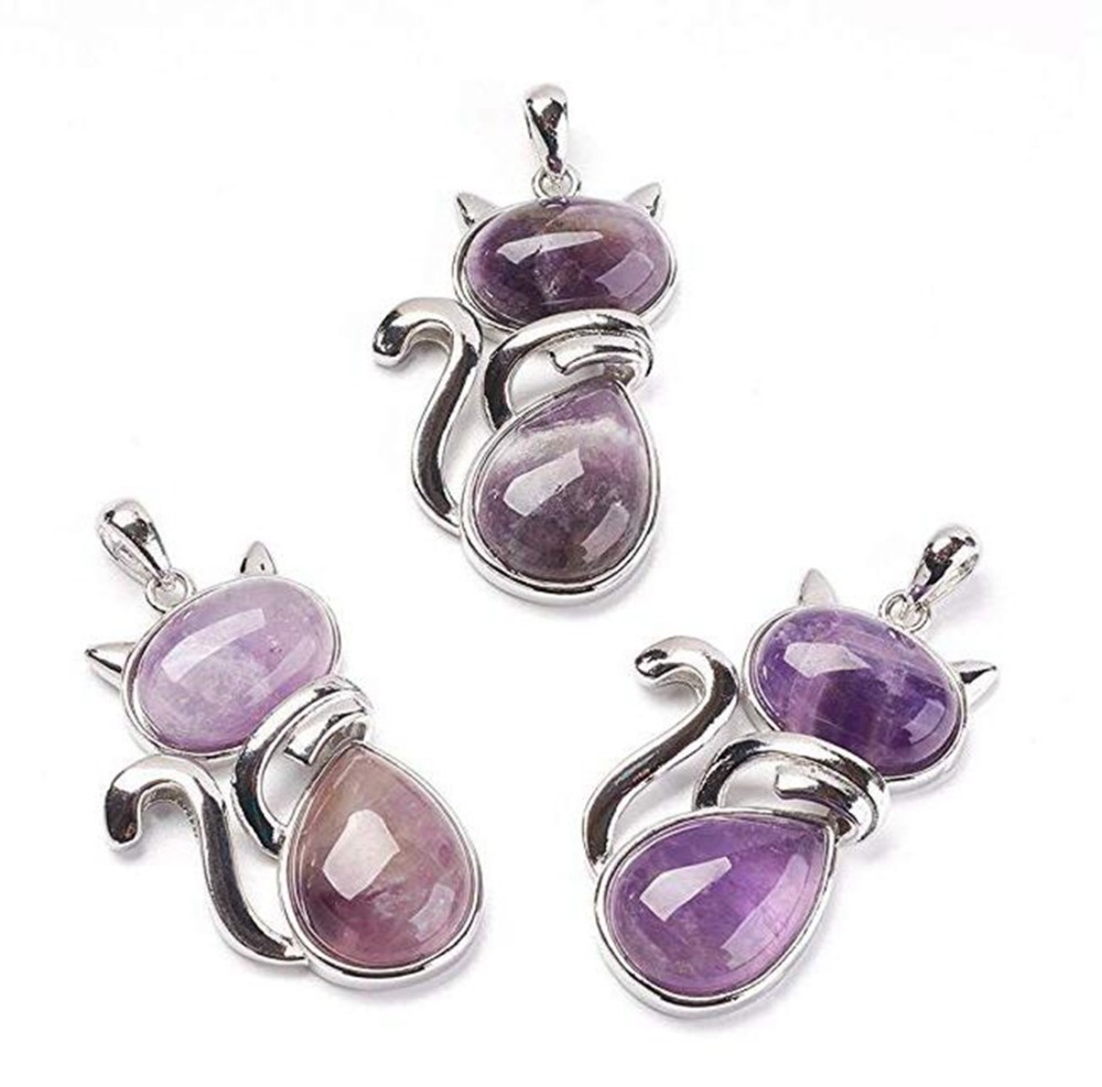 Silver Cate Stone Pendant Healing Crystal Necklace Animal Energy Chakra Amulet Handmade Jewelry for Women