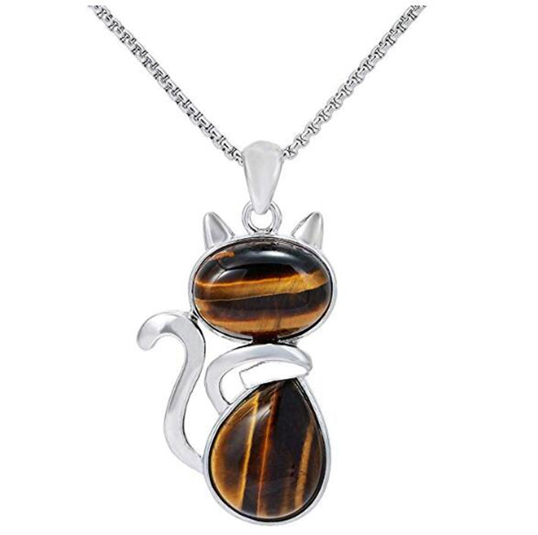 Silver Cate Stone Pendant Healing Crystal Necklace Animal Energy Chakra Amulet Handmade Jewelry for Women