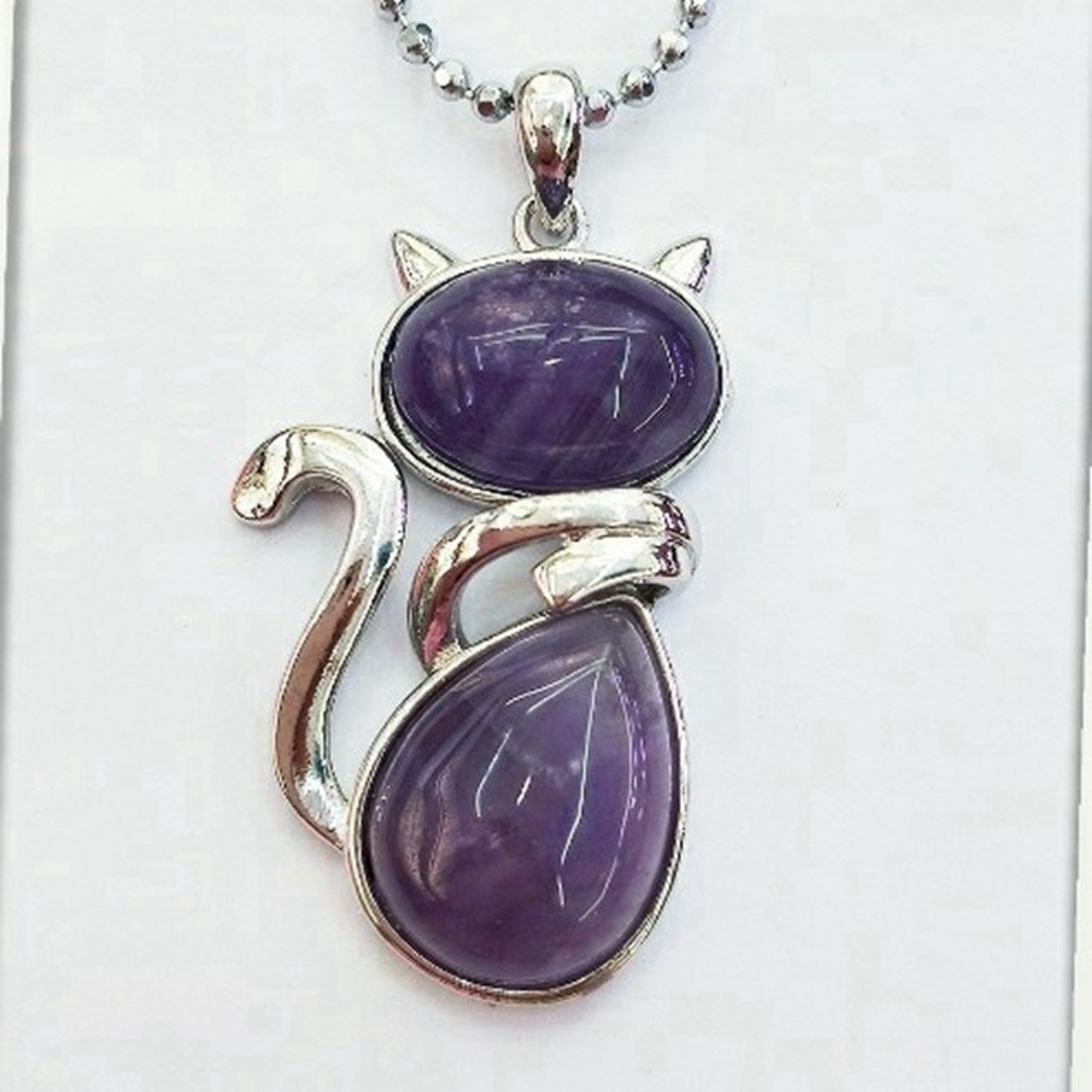 Silver Cate Stone Pendant Healing Crystal Necklace Animal Energy Chakra Amulet Handmade Jewelry for Women