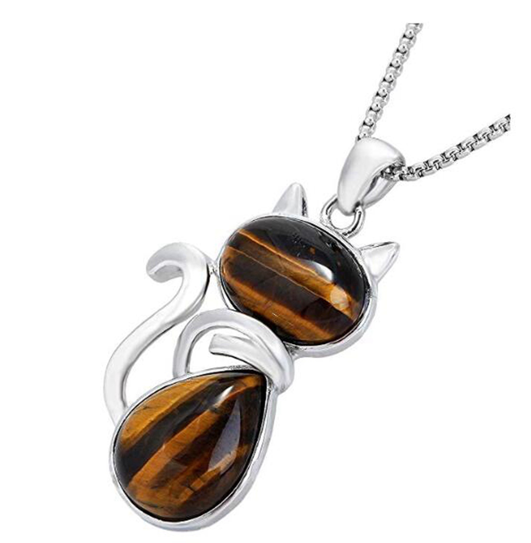 Silver Cate Stone Pendant Healing Crystal Necklace Animal Energy Chakra Amulet Handmade Jewelry for Women