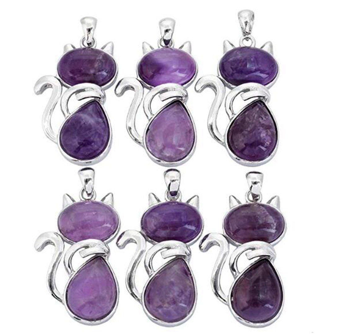Silver Cate Stone Pendant Healing Crystal Necklace Animal Energy Chakra Amulet Handmade Jewelry for Women