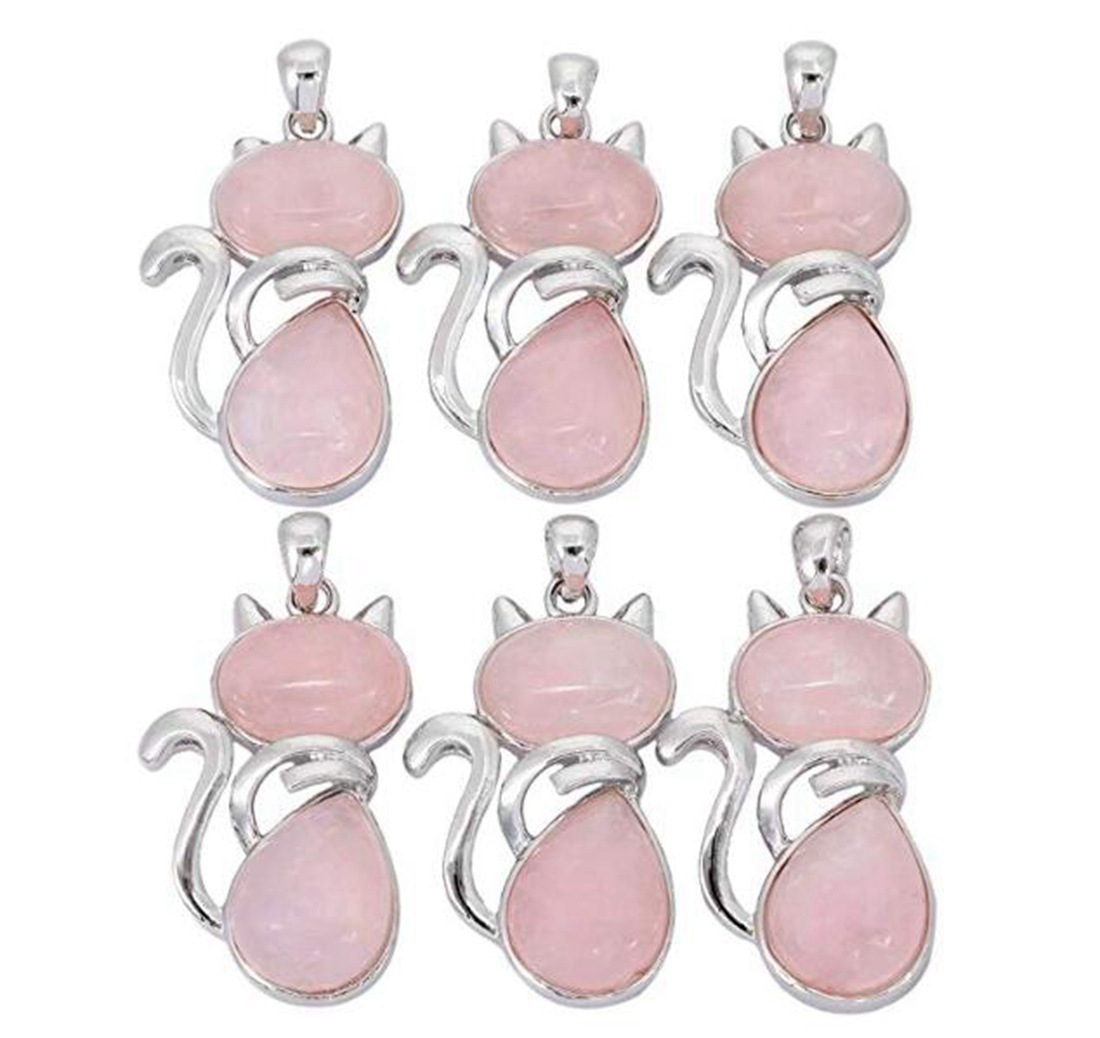 Silver Cate Stone Pendant Healing Crystal Necklace Animal Energy Chakra Amulet Handmade Jewelry for Women