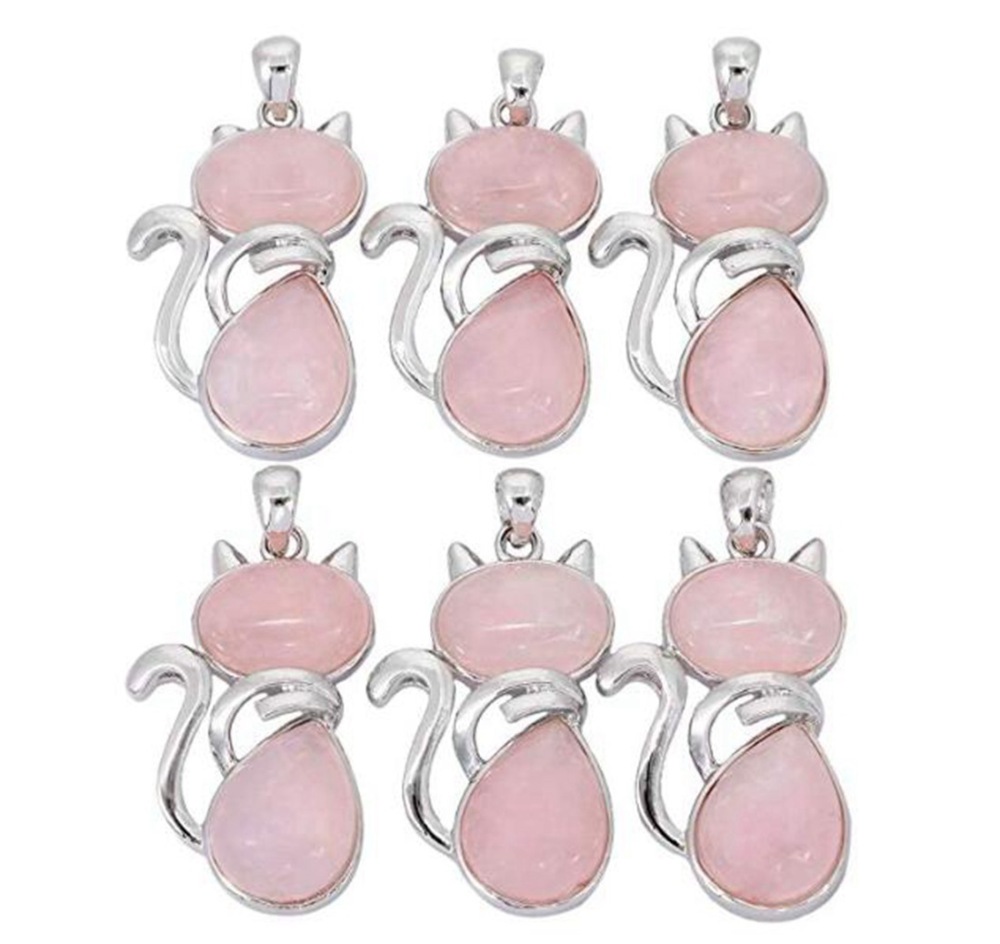 Silver Cate Stone Pendant Healing Crystal Necklace Animal Energy Chakra Amulet Handmade Jewelry for Women