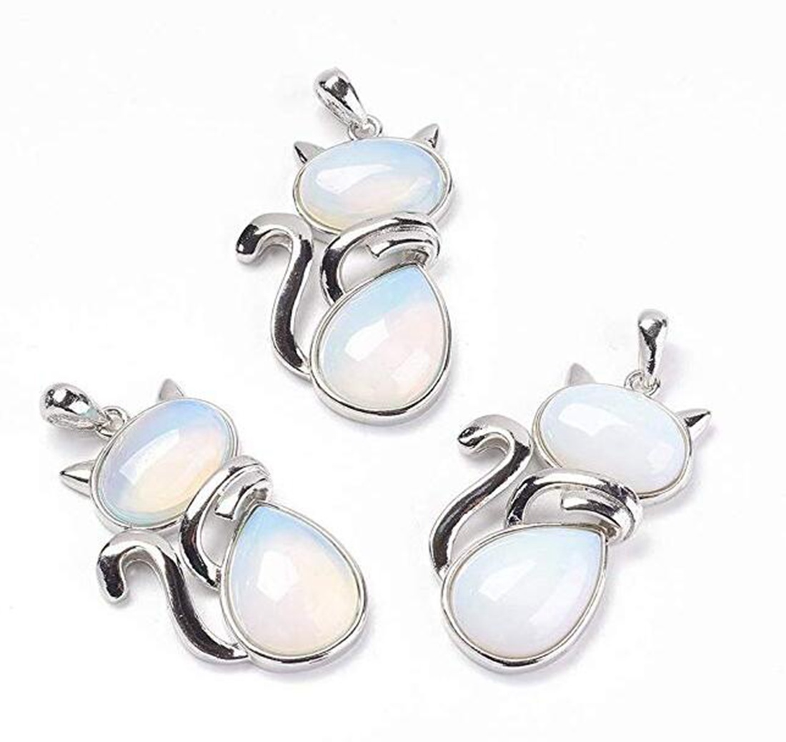 Silver Cate Stone Pendant Healing Crystal Necklace Animal Energy Chakra Amulet Handmade Jewelry for Women