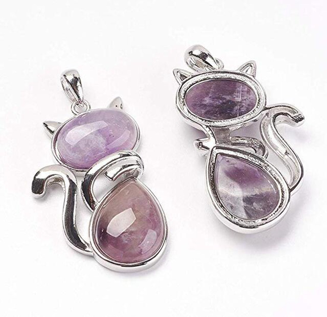 Silver Cate Stone Pendant Healing Crystal Necklace Animal Energy Chakra Amulet Handmade Jewelry for Women