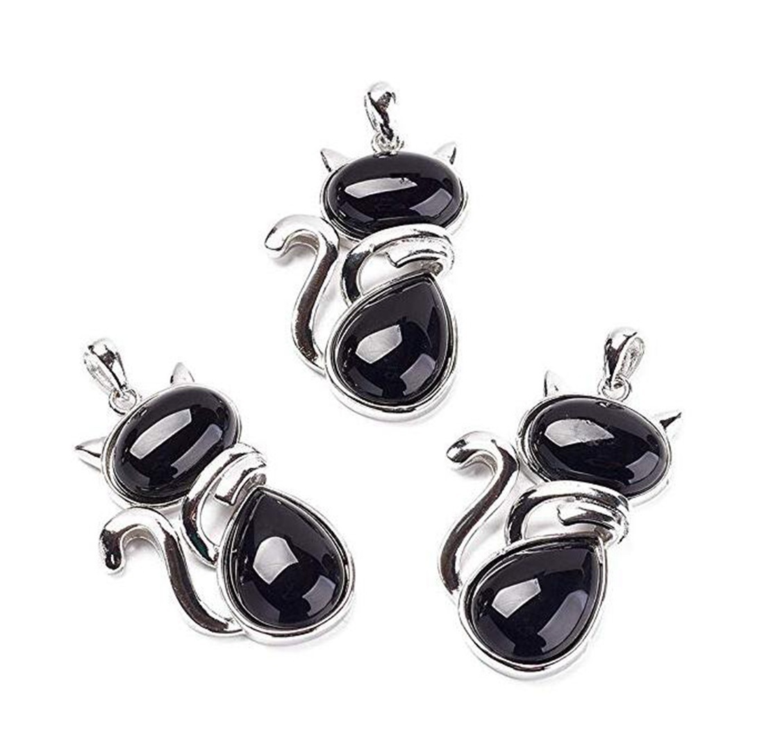 Silver Cate Stone Pendant Healing Crystal Necklace Animal Energy Chakra Amulet Handmade Jewelry for Women