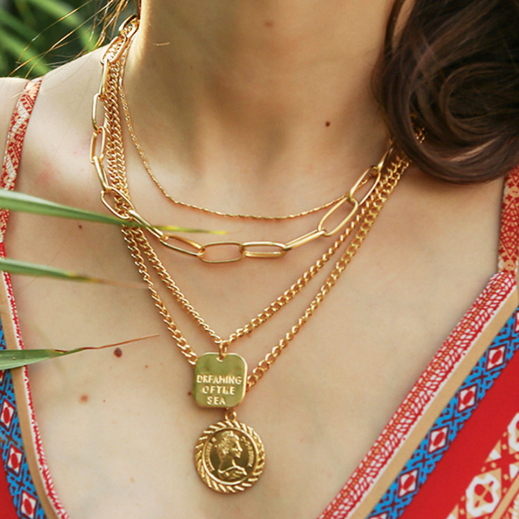Multi Layered Necklace for Women - 3Pcs Summer Boho Necklace Chain with Pendant Coin