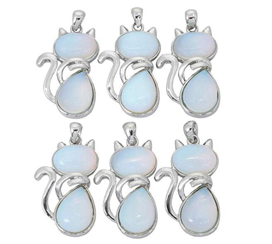 Silver Cate Stone Pendant Healing Crystal Necklace Animal Energy Chakra Amulet Handmade Jewelry for Women