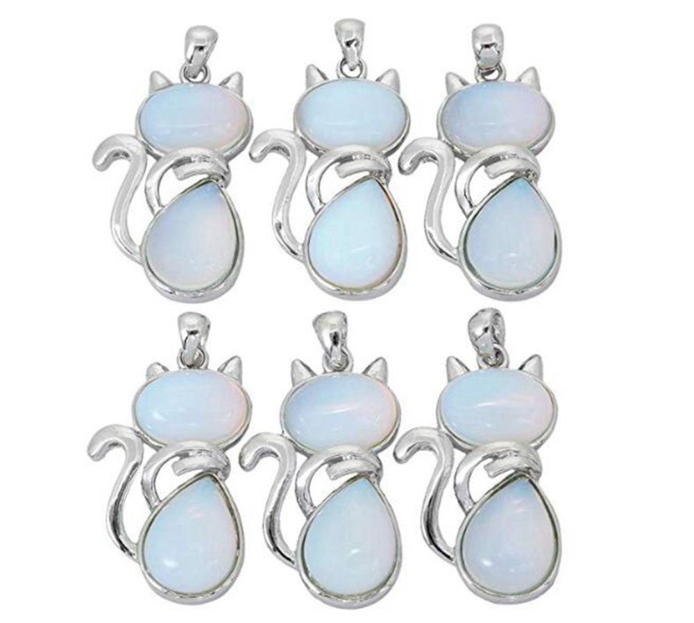Silver Cate Stone Pendant Healing Crystal Necklace Animal Energy Chakra Amulet Handmade Jewelry for Women