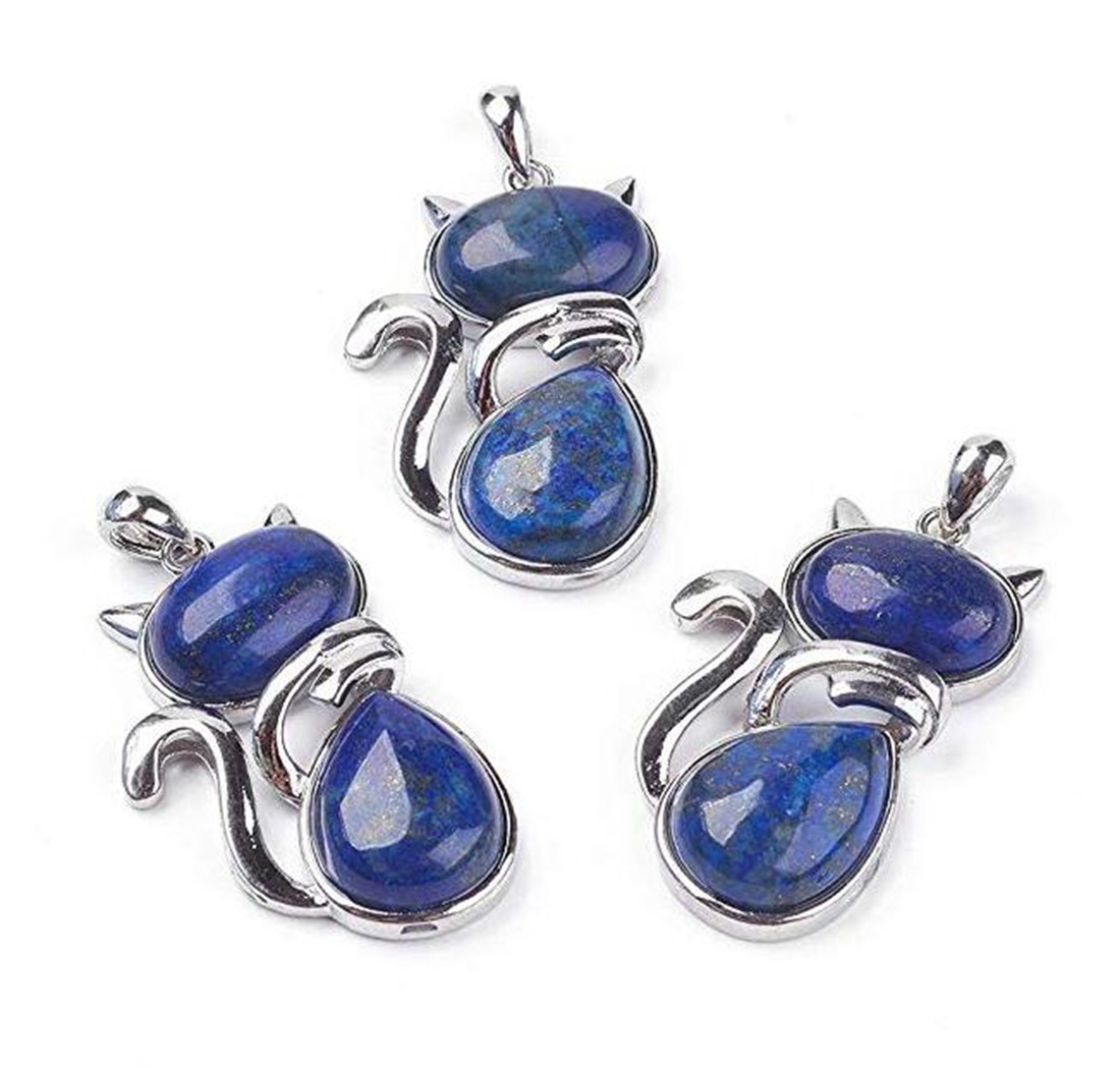 Silver Cate Stone Pendant Healing Crystal Necklace Animal Energy Chakra Amulet Handmade Jewelry for Women