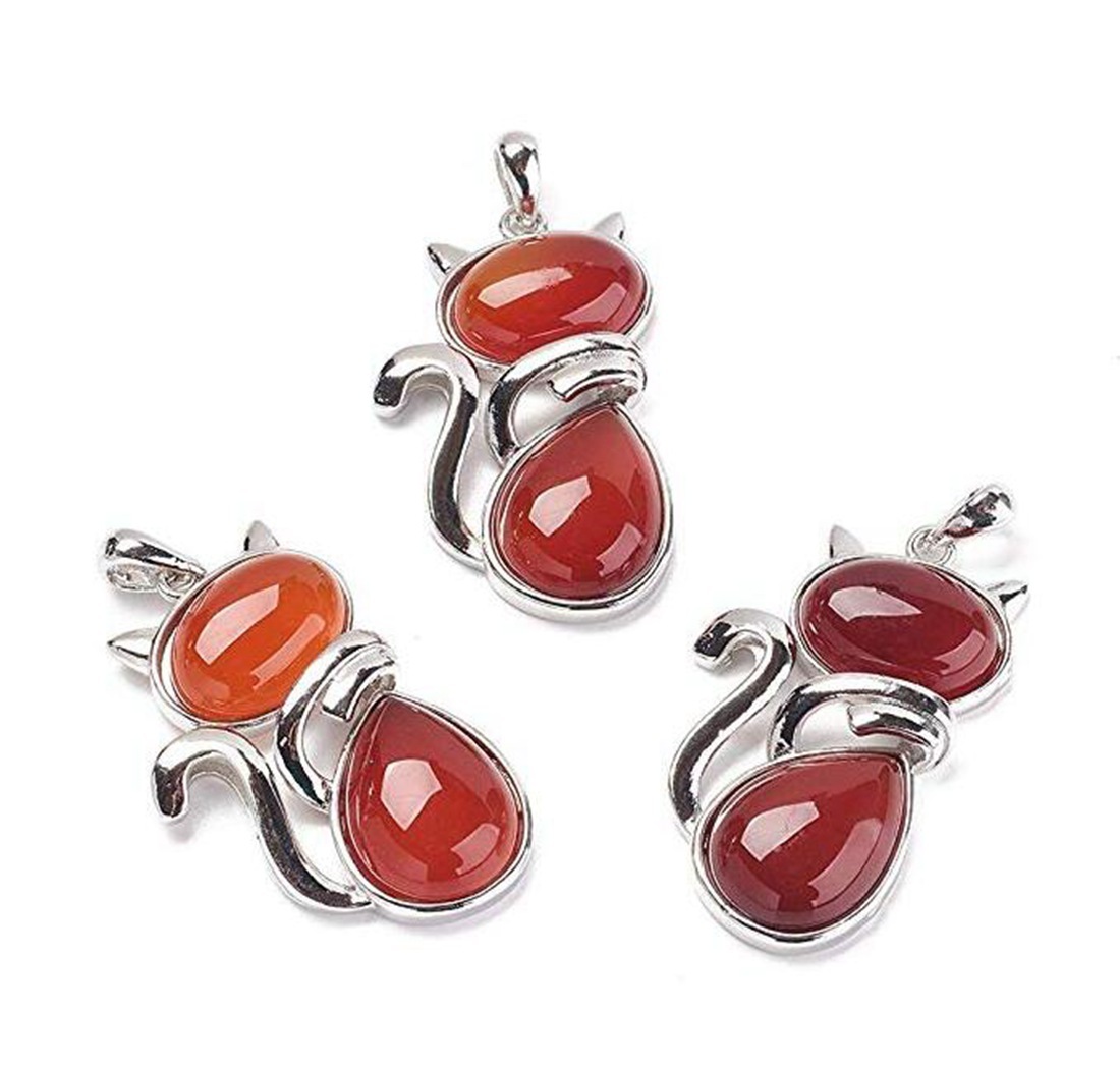 Silver Cate Stone Pendant Healing Crystal Necklace Animal Energy Chakra Amulet Handmade Jewelry for Women