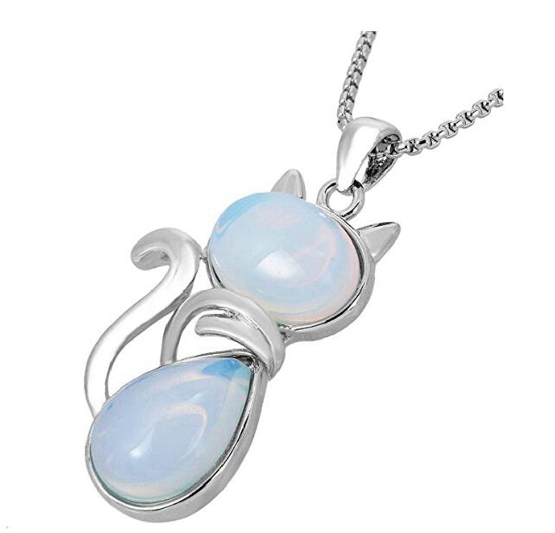 Silver Cate Stone Pendant Healing Crystal Necklace Animal Energy Chakra Amulet Handmade Jewelry for Women