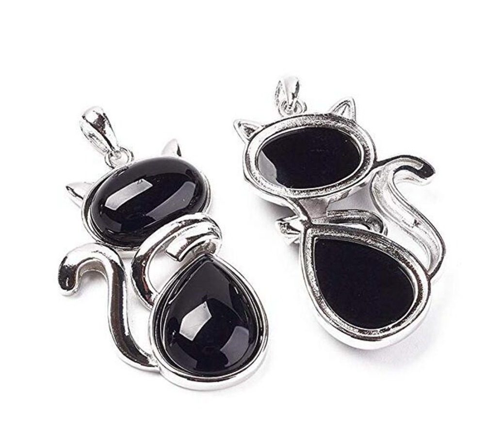 Silver Cate Stone Pendant Healing Crystal Necklace Animal Energy Chakra Amulet Handmade Jewelry for Women