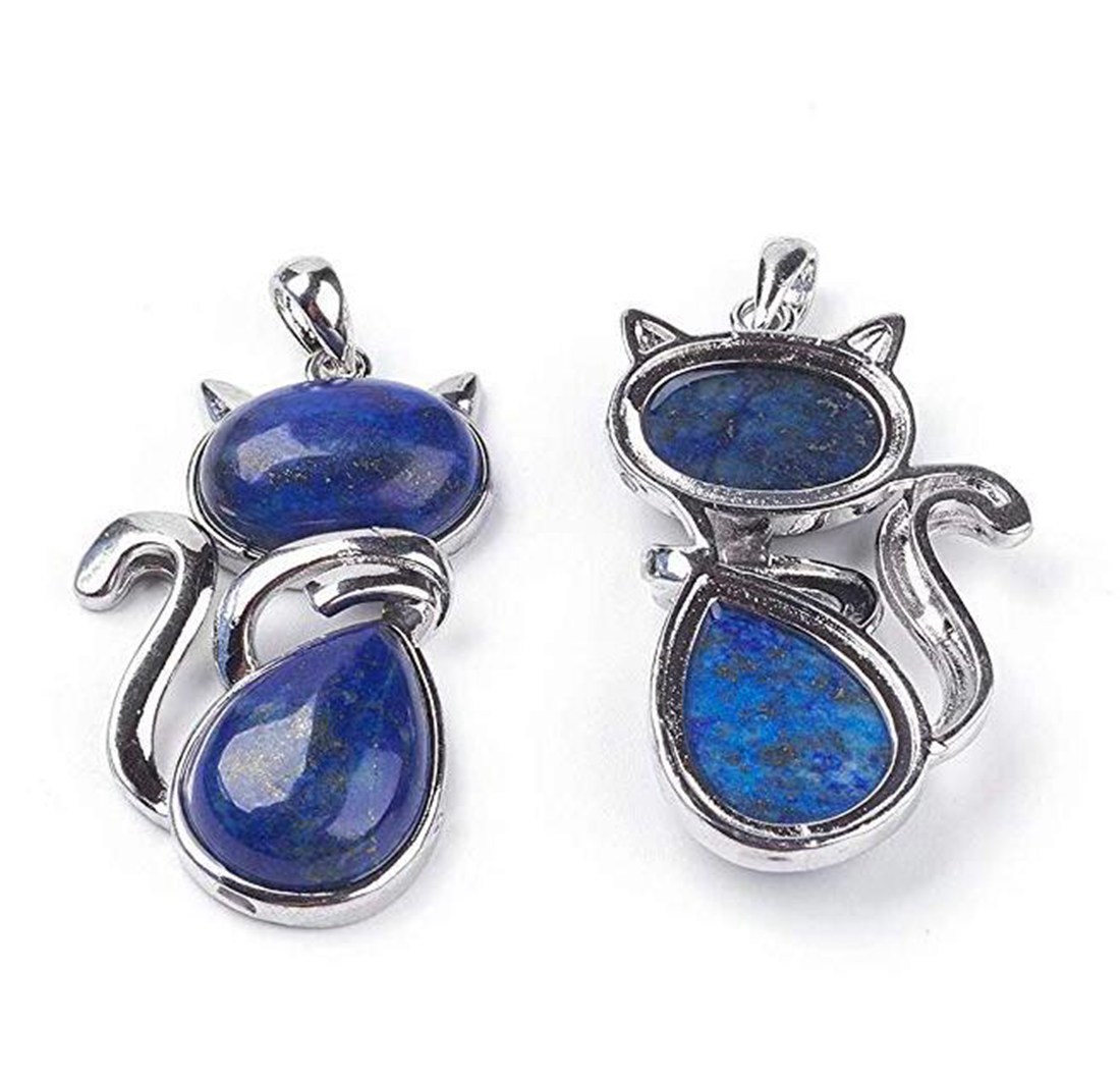 Silver Cate Stone Pendant Healing Crystal Necklace Animal Energy Chakra Amulet Handmade Jewelry for Women