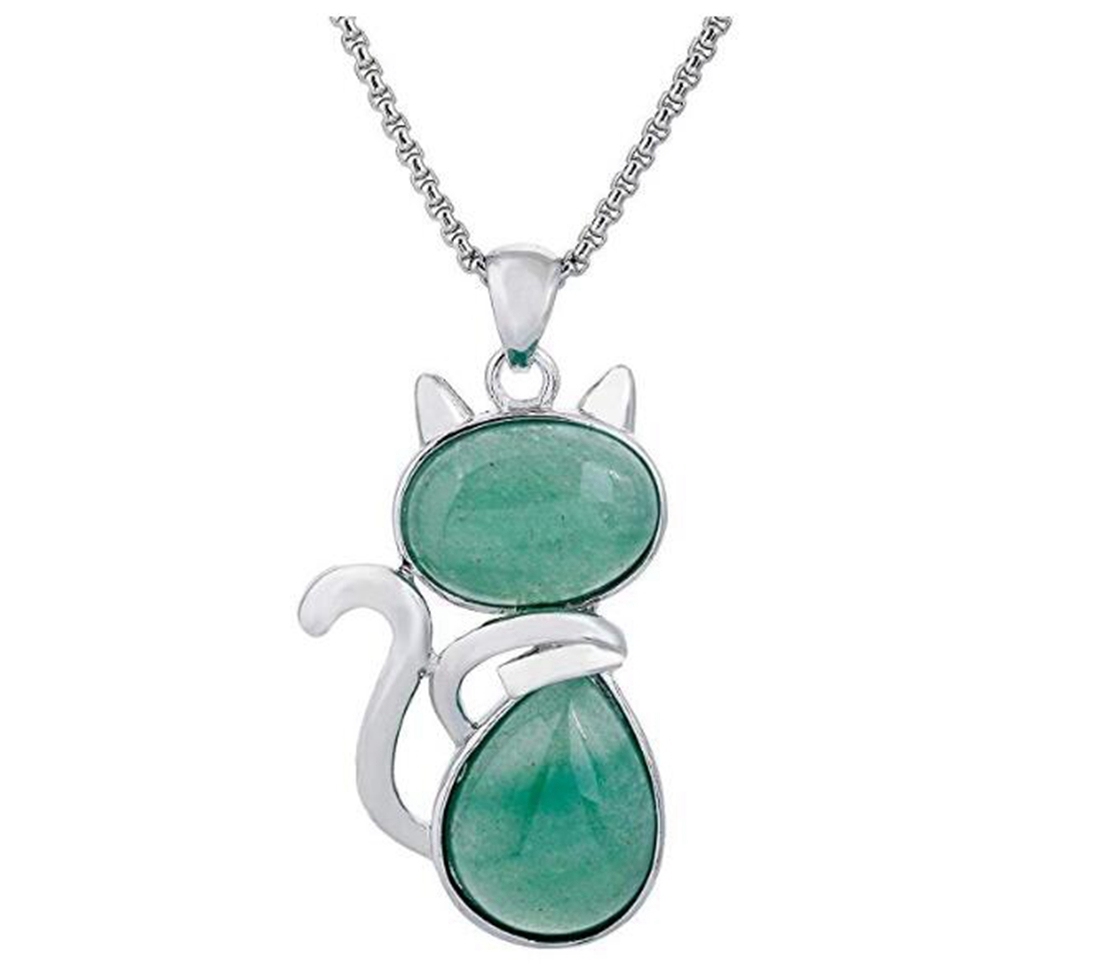 Silver Cate Stone Pendant Healing Crystal Necklace Animal Energy Chakra Amulet Handmade Jewelry for Women