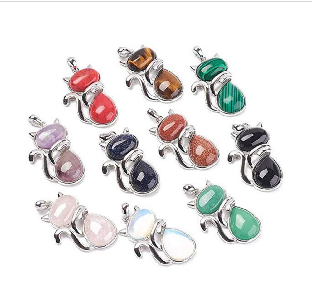 Silver Cate Stone Pendant Healing Crystal Necklace Animal Energy Chakra Amulet Handmade Jewelry for Women