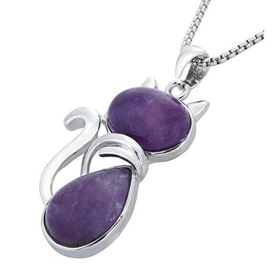 Silver Cate Stone Pendant Healing Crystal Necklace Animal Energy Chakra Amulet Handmade Jewelry for Women