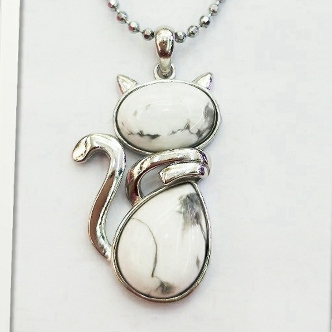 Silver Cate Stone Pendant Healing Crystal Necklace Animal Energy Chakra Amulet Handmade Jewelry for Women