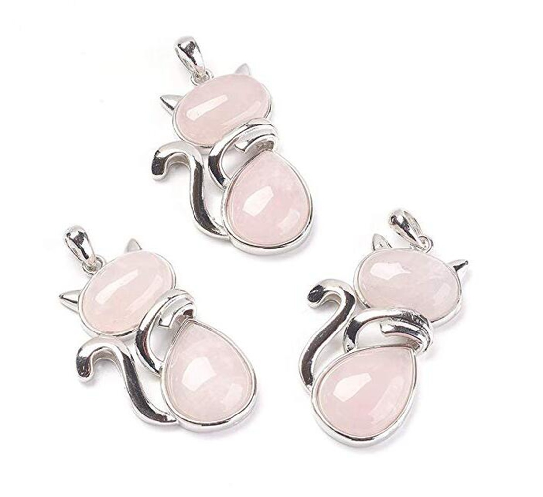 Silver Cate Stone Pendant Healing Crystal Necklace Animal Energy Chakra Amulet Handmade Jewelry for Women