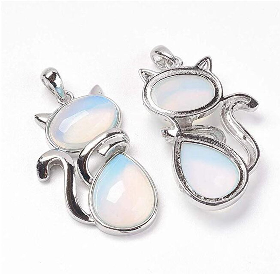 Silver Cate Stone Pendant Healing Crystal Necklace Animal Energy Chakra Amulet Handmade Jewelry for Women