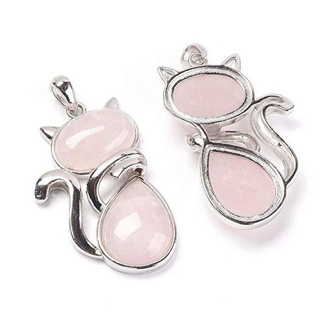 Silver Cate Stone Pendant Healing Crystal Necklace Animal Energy Chakra Amulet Handmade Jewelry for Women