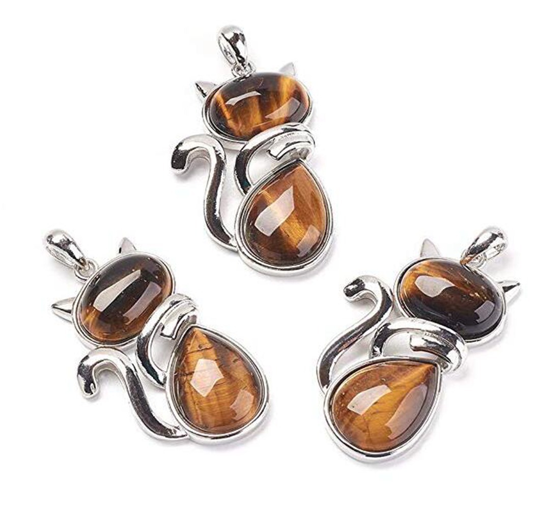 Silver Cate Stone Pendant Healing Crystal Necklace Animal Energy Chakra Amulet Handmade Jewelry for Women