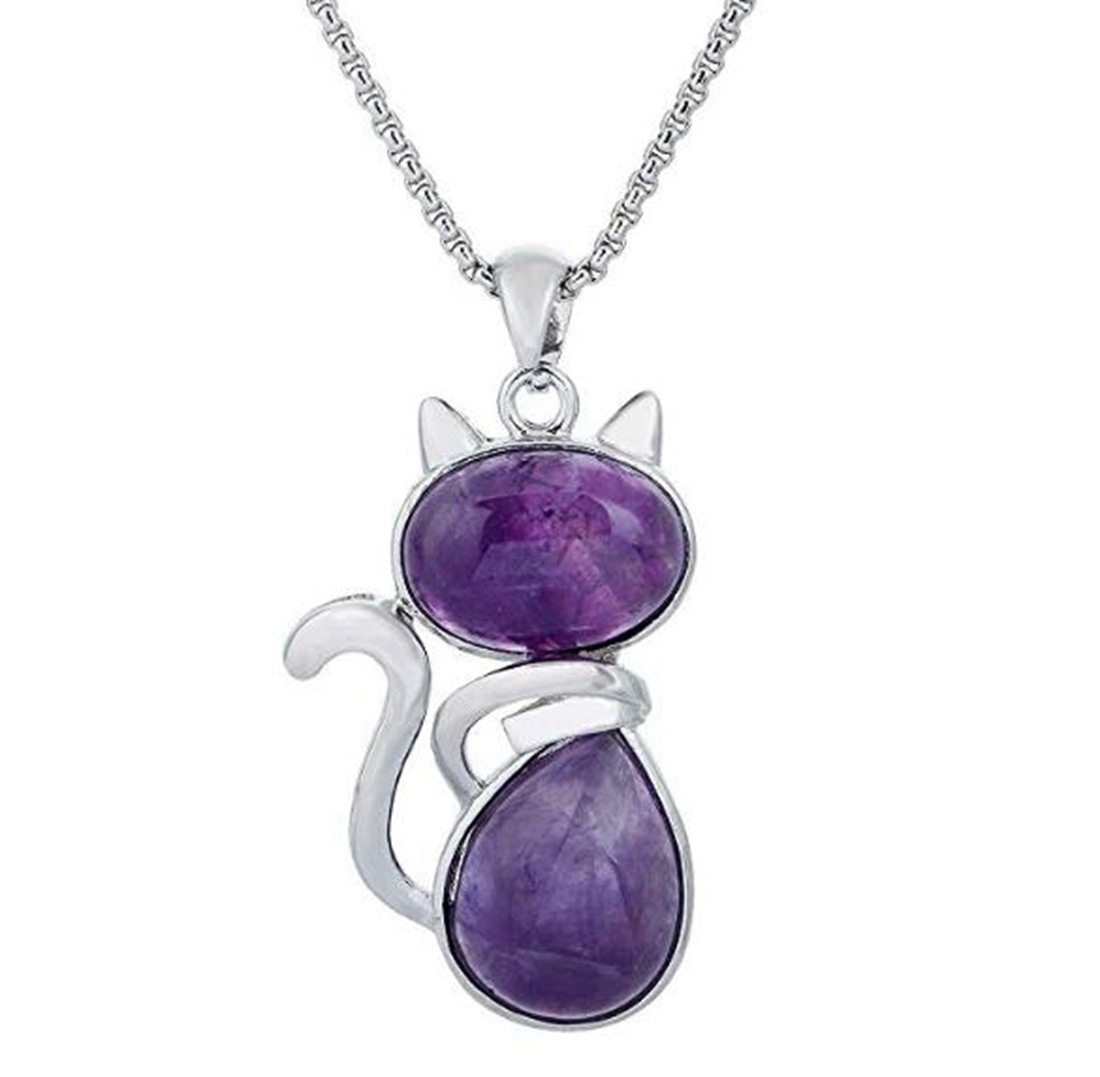 Silver Cate Stone Pendant Healing Crystal Necklace Animal Energy Chakra Amulet Handmade Jewelry for Women