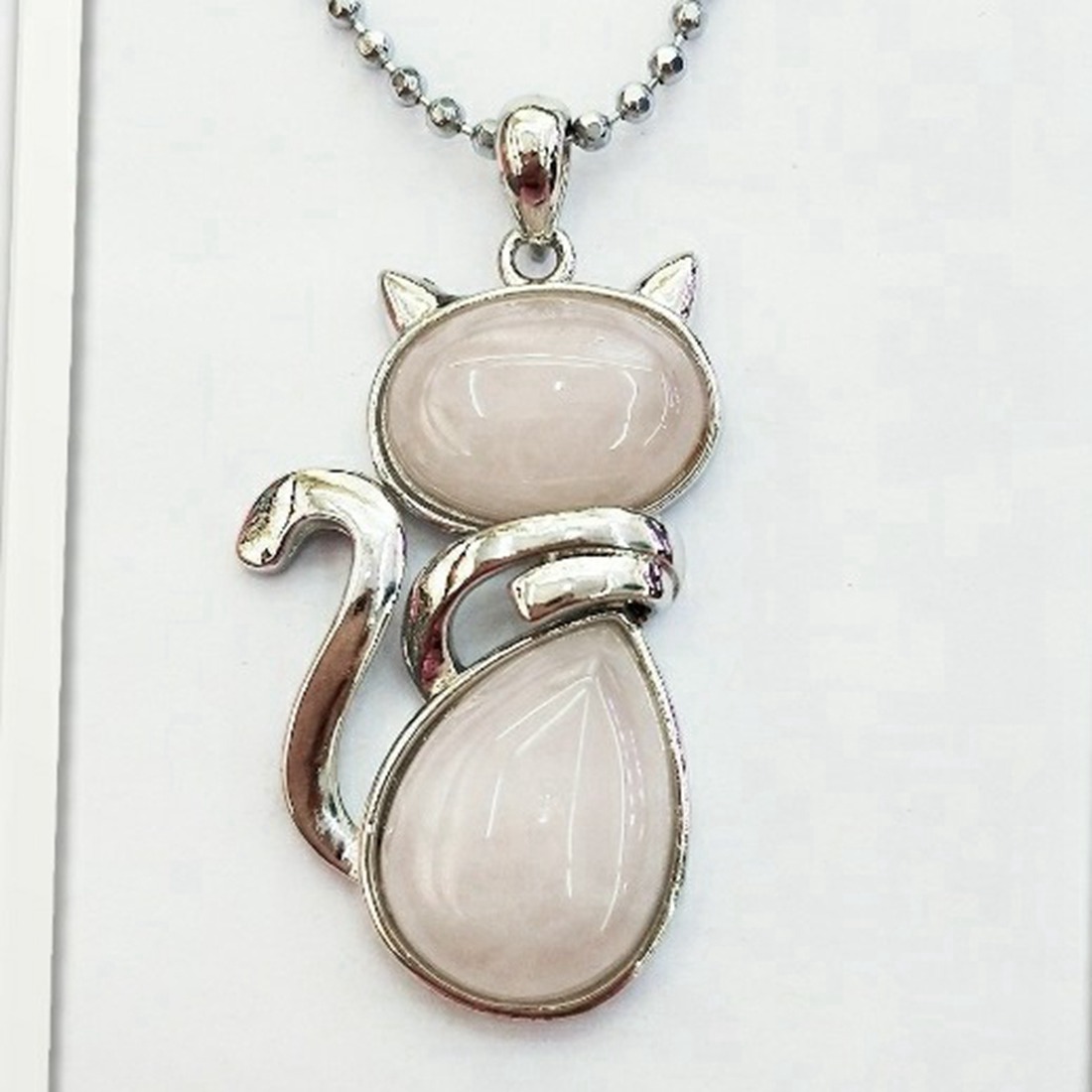 Silver Cate Stone Pendant Healing Crystal Necklace Animal Energy Chakra Amulet Handmade Jewelry for Women