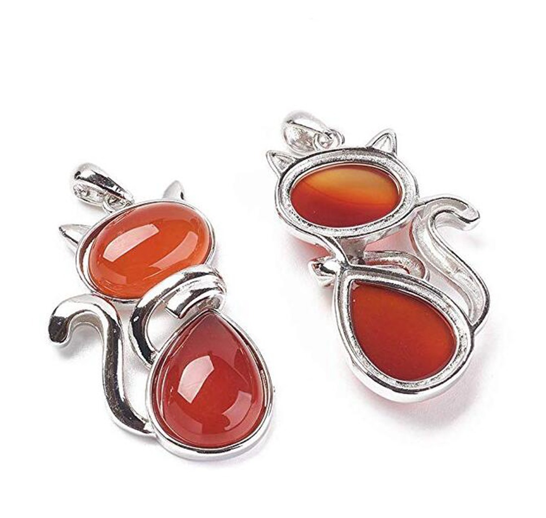 Silver Cate Stone Pendant Healing Crystal Necklace Animal Energy Chakra Amulet Handmade Jewelry for Women