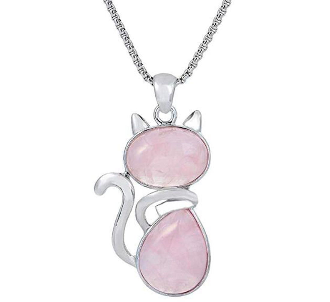Silver Cate Stone Pendant Healing Crystal Necklace Animal Energy Chakra Amulet Handmade Jewelry for Women